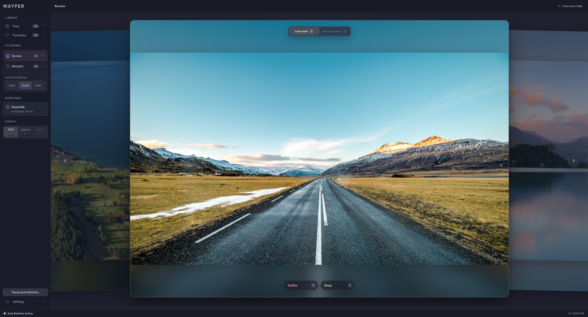 English Wayper Review interface showing auto-held wallpapers